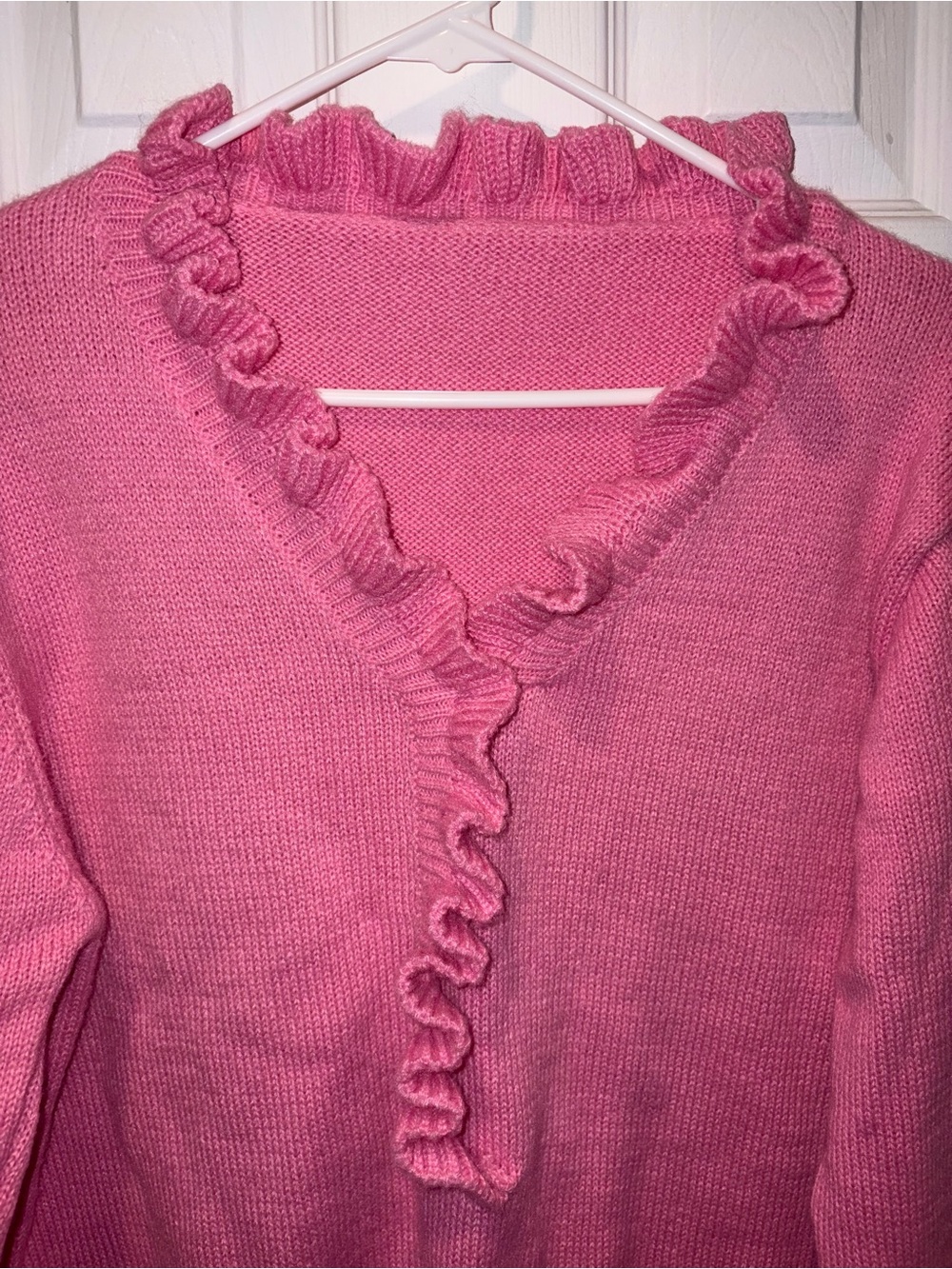 Pink Ruffle V-Neck Women's Sweater - Picture 3 of 4